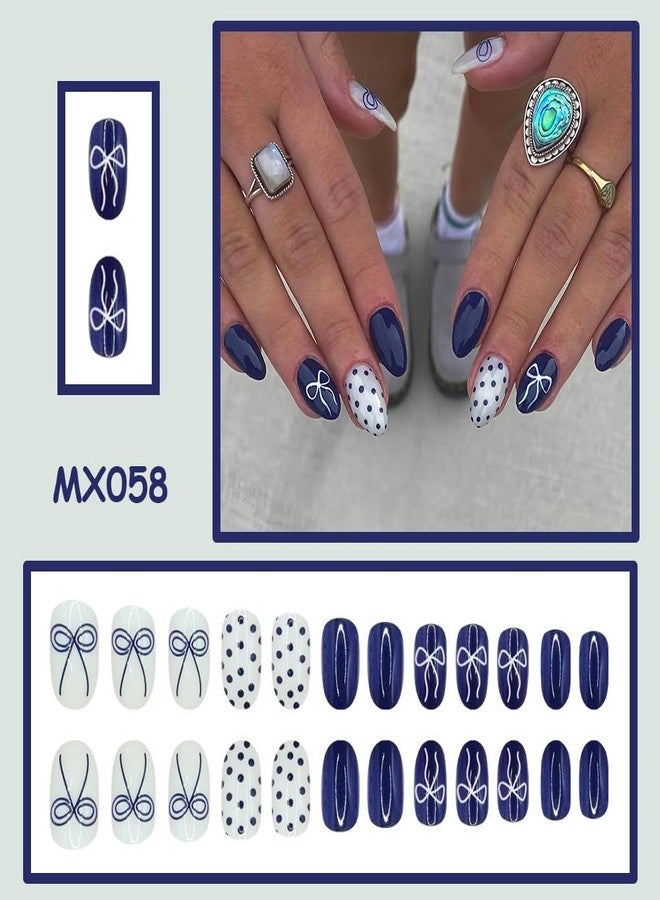 Sevgob Almond Press on Nails Medium Nails Press on Polka Dots False Nails with Bow Design Glossy Full Cover Dark Blue Glue on Nails Cute Glitter Acrylic Nail Fall Winter Fake Nail for Women Manicure 24Pcs - Image 2